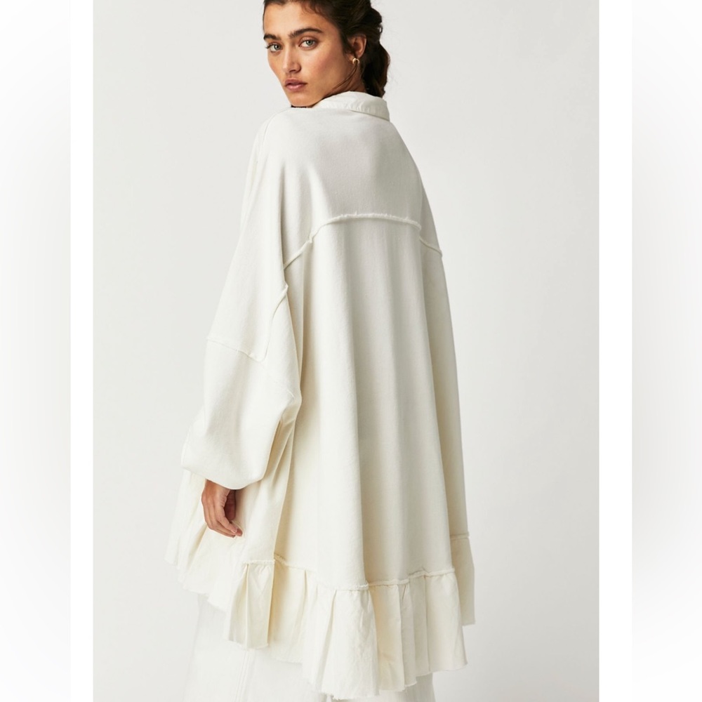 Free People Buttondown Sweatshirt Oversized Slouchy Ruffle Hem Cotton - Picture 3 of 6